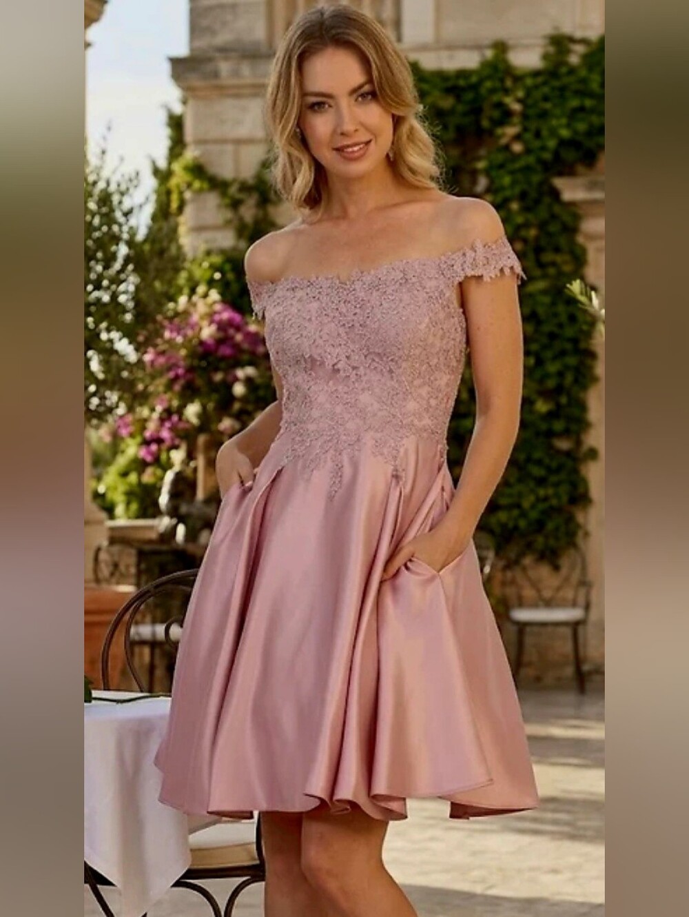 May Queen Blush Pink One-Shoulder Lace-Trim Satin Cocktail Dress